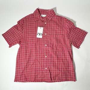 Zara Mens L Red White Plaid Short Sleeve Cotton Button Up Shirt NWT
